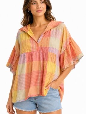 KOPAL Oversized Colorful Plaid Cotton Boho Blouse Top Size S Handcrafted